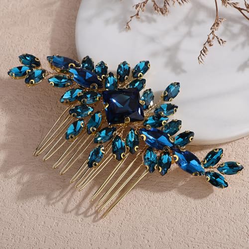 Square Rhinestone Hair Comb Silver Gold Rhinestone Wedding Headpiece Handmade Crystal Bridal Hair Comb Bridal Hairpiece for Brides Bridesmaid (gold peacock blue) - color: gold peacock blue