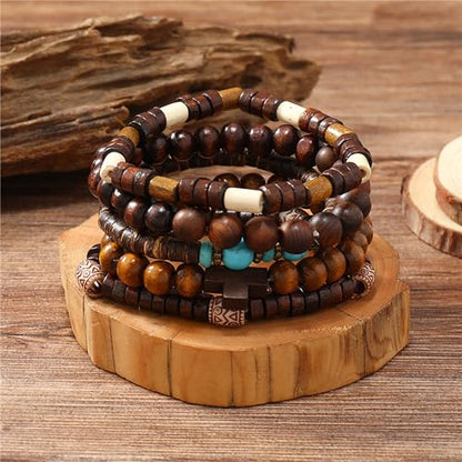 Wooden Beads Stretch Bracelet Multi-Layered Stretch Bracelet for Women Men Elastic Bracelet 5pcs - color: A-02