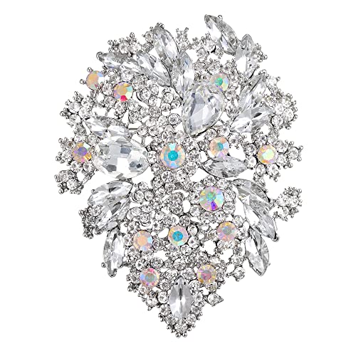 EVER FAITH Women's Austrian Crystal Vintage Style Flower Leaf Cluster Brooch Pendant - color: Iridescent AB Silver-Tone