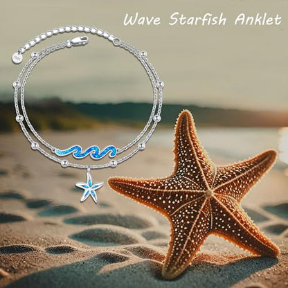 YFN Wave Anklet 925 Sterling Silver Ocean Wave Layered Ankle Bracelet Wave Beach Jewelry for Women Gifts - style: Wave Starfish Anklet