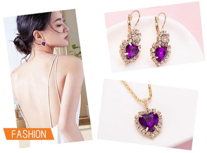MALOYANVE 4PCS Crystal Heart Jewelry Set Glitter Gold Cubic Zirconia Love Heart Pendant Necklace Lightweight Hoop Earrings Bangle Bracelet Adjustable Open Ring Prom Wedding Jewelry for Women - color: Purple