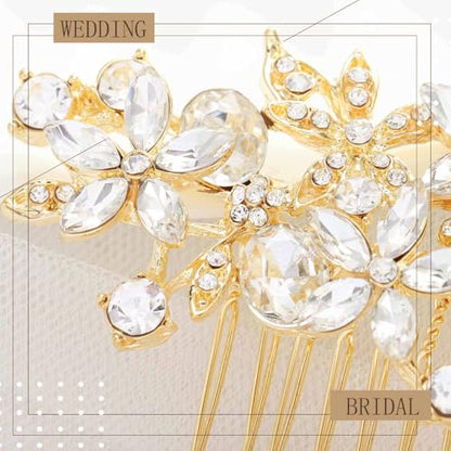 Olbye Rhinestone Crystal Bridal Headpiece - Flower Hair Comb, Clips for Brides, Bridesmaids, and Women (Gold) - color: Gold