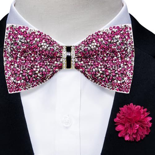 DiBanGu Mens Rhinestone Bow Tie with Ring and Lapel Pin Set | Adjustable Strap,Pre-tied Style,3PCS,Sequin Diamond Bowties，Solid/Mix Color,Shiny Accessory,for Party Prom Banquet Wedding - color: Hot Pink