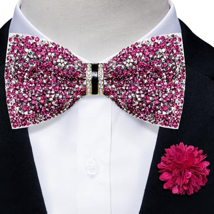DiBanGu Mens Rhinestone Bow Tie with Ring and Lapel Pin Set | Adjustable Strap,Pre-tied Style,3PCS,Sequin Diamond Bowties，Solid/Mix Color,Shiny Accessory,for Party Prom Banquet Wedding - color: Hot Pink