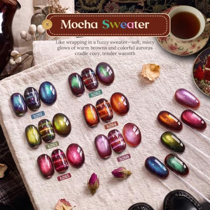Beetles Mocha Sweater Cat Eye Gel Nail Polish Set, 6 Colors 9ml Fall Gel | Brown-Based Iridescent Cat Eye Gel Kit Magnetic Effect, Button Charms & Star Stickers & Magnet, Soak Off UV Salon at Home - color: A - Brown-Based Cat Eye | Mocha Sweater
