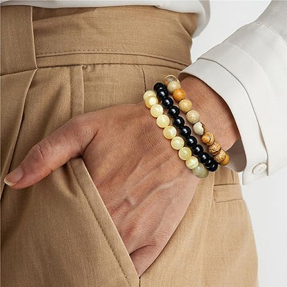 3 PCS Healing Crystal Bracelets for Women 8mm Natural Stone Beaded Stretch Bracelet Amethyst Jewelry Gifts - color: 11 8mm Picture Jasper & Yellow Jade