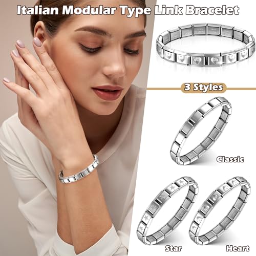 Huquary 6 Pcs Italian Charm Bracelets Shiny 9mm Starter 18 Links Stainless Steel Italian Bracelet Modular Links - color: silver