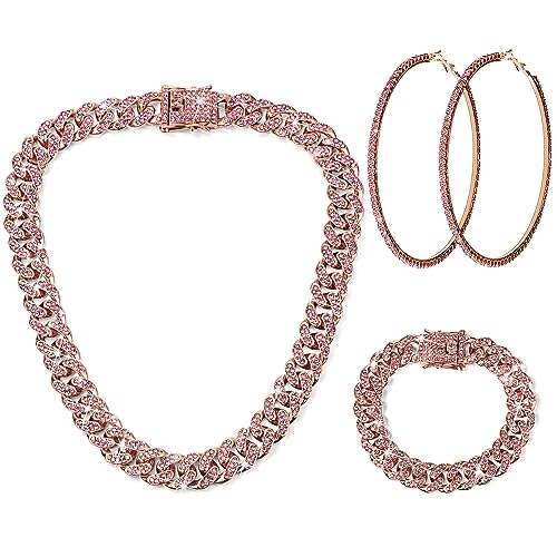 Batiyeer 3 Pcs Cuban Link Chain Necklace Bracelet Rhinestone Hoop Earrings Bling Crystal Hip Hop Jewelry for Women(18 Inch,Rose Gold Pink) - color: Rose Gold Pink, size: 18 Inch