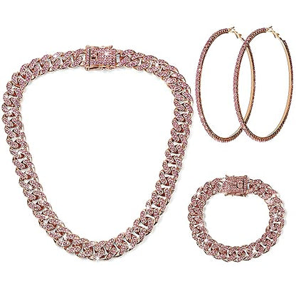 Batiyeer 3 Pcs Cuban Link Chain Necklace Bracelet Rhinestone Hoop Earrings Bling Crystal Hip Hop Jewelry for Women(18 Inch,Rose Gold Pink) - color: Rose Gold Pink, size: 18 Inch