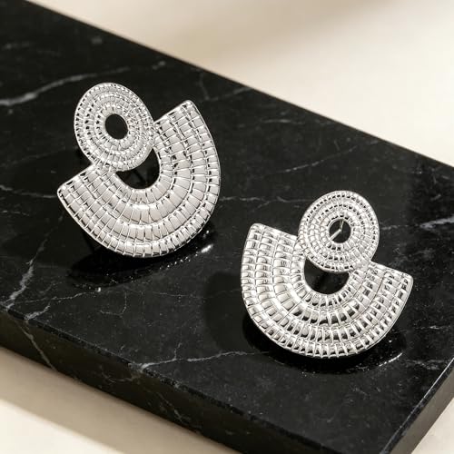 Gold Statement Earrings For Women, 14K Gold Plated Textured Geometric Drop Earrings - Hypoallergenic Stainless Steel Statement Earrings for Women, Waterproof Fan-Shaped Dangle Earrings for Beach & Daily Wear - color: Fan Silver DKE252046S
