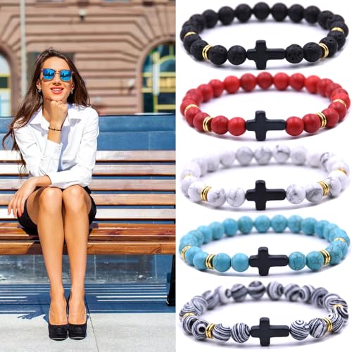 Beaded Bracelets Cross Bracelet for Women Men Lava Rock Turquoise Tiger Eye Natural Bracelet Anxiety Healing - color: 10 Pcs- black cross 1