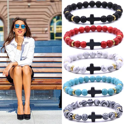 Beaded Bracelets Cross Bracelet for Women Men Lava Rock Turquoise Tiger Eye Natural Bracelet Anxiety Healing - color: 10 Pcs- black cross 1