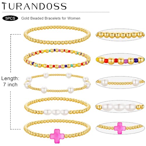 Turandoss 5PCS 14K Gold Plated Beaded Stretch Bracelets Set for Women | Stacked Bow Cross Wave Knot Pearl Beads Bracelet Set, Waterproof 7 Inch Stretch Elastic, Summer Jewelry Gifts for Women Girls - color: 5PCS Pink Cross Beaded Bracelets