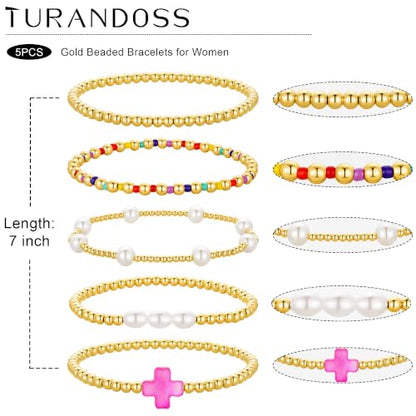 Turandoss 5PCS 14K Gold Plated Beaded Stretch Bracelets Set for Women | Stacked Bow Cross Wave Knot Pearl Beads Bracelet Set, Waterproof 7 Inch Stretch Elastic, Summer Jewelry Gifts for Women Girls - color: 5PCS Pink Cross Beaded Bracelets