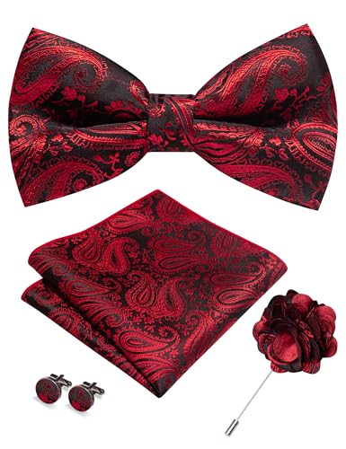 JEMYGINS Mens Paisley Bow Tie and Lapel Pin Necktie Pocket Square and Tie Clip with Sets for Business Casual 4PCS - color: Red/Black