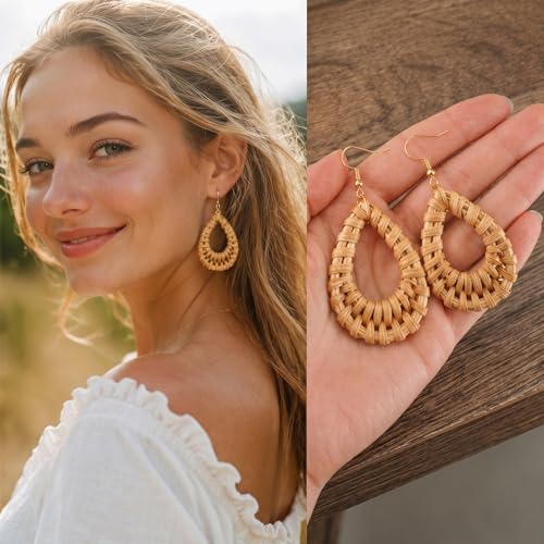 Handmade Rattan Teardrop Dangle Earrings for Women, Lightweight Boho Woven Statement Earrings with Gold Fish Hook, Natural Straw Weave Vacation Jewelry for Summer Beach - style: Tear Drop