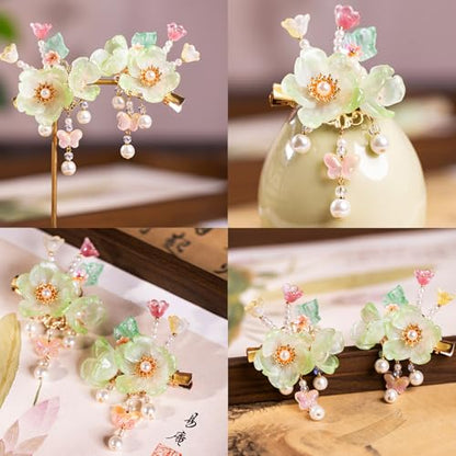 A Pair Wedding Hair Clips, Handmade Floral Design Crystal Hair Clips Pearl Barrettes, Rhinestones Flower Clips Pearl Headpieces Hair Pins Hair Accessories for Women Girls (Light Green) - color: Light Green