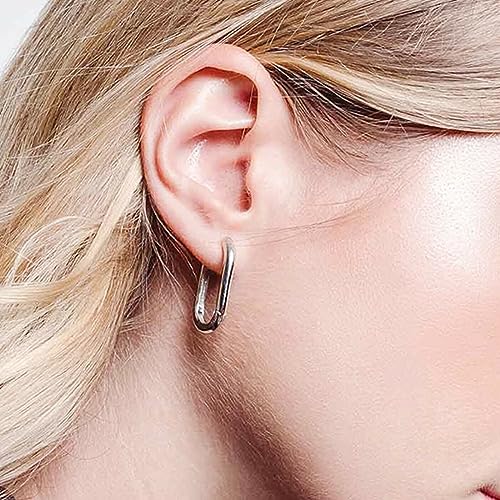 Sterling Silver Long Plain Shiny Oval Square Hoop Cuff Drop Earrings 26mm 2 Tones Rhodium / 18K Gold