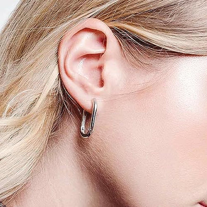 Sterling Silver Long Plain Shiny Oval Square Hoop Cuff Drop Earrings 26mm 2 Tones Rhodium / 18K Gold