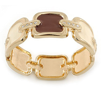 Avalaya Cream/Brown Enamel Square, Crystal Hinged Bangle Bracelet In Gold Tone - 19cm L