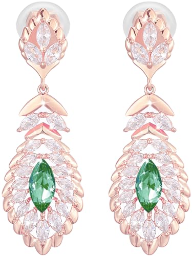 Clip On Crystal Dangle Non Pierced Earrings for Women 14K Gold Plated Jewelry - color: May-Emerald-Rose Gold