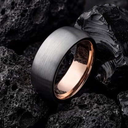 Tungsten Wedding Band Ring 10mm 8mm 6mm 4mm for Men Women 18k Rose Gold Plated Dome Black Grey Brushed Polished - color: 8 Rose Gold Black Grey Tungsten