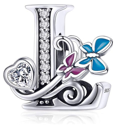 S925 Silver Butterfly Initial Letter Charms Fit for Pandora Charms Bracelets and Necklace Alphabet Bead Charms Jewelry Gifts for Women - color: L