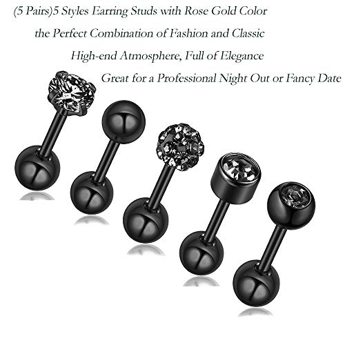 Stud Earrings Set 316L Stainless Steel Hypoallergenic Earrings for Women Men Earrings 3-7mm Cubic Zirconia Earrings Tragus Cartilage Helix Lobel Ear Studs 20G,Pack of 5 Pairs - color: C04:5Pairs(BLACK)