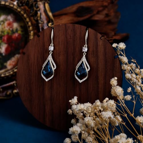 Gold Sapphire Dangle Earrings for Women Teardrop Birthstone Zirconia Earrings Royal Blue Sparkle Rhinestone Crystal Jewelry