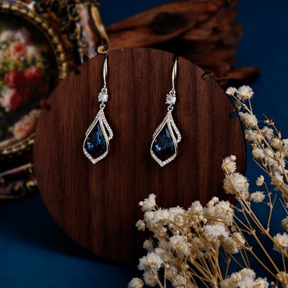 Gold Sapphire Dangle Earrings for Women Teardrop Birthstone Zirconia Earrings Royal Blue Sparkle Rhinestone Crystal Jewelry