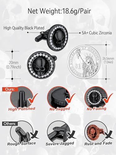 FaithHeart Mens Cufflinks, Norse Viking Tuxedo Shirt Cuff Links, Stainless Steel Cuff Links and Shirt Studs, Gift Box - style: 05. Skull CZ-Black