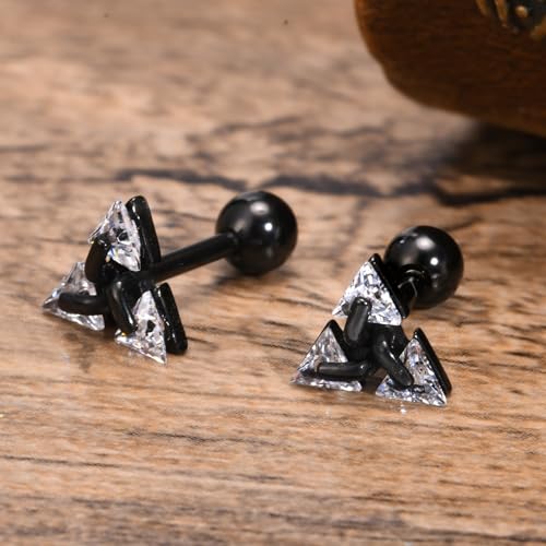 Unisex Geometric Triangle Stud Earrings, Stainless Steel Minimalist Cubic Zirconia Pierced Post Earrings for Men Women - style: Three Zircons-Black