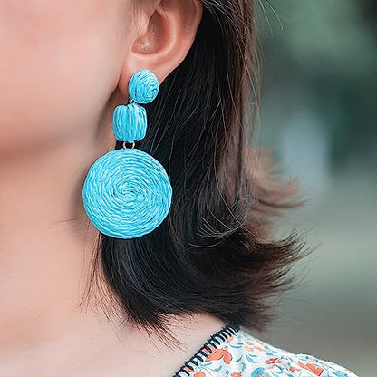 Statement Raffia Boho Round Dangle Ball Earrings - Cute Handmade Summer Bohemian Dangling Jewelry for Women - color: Blue