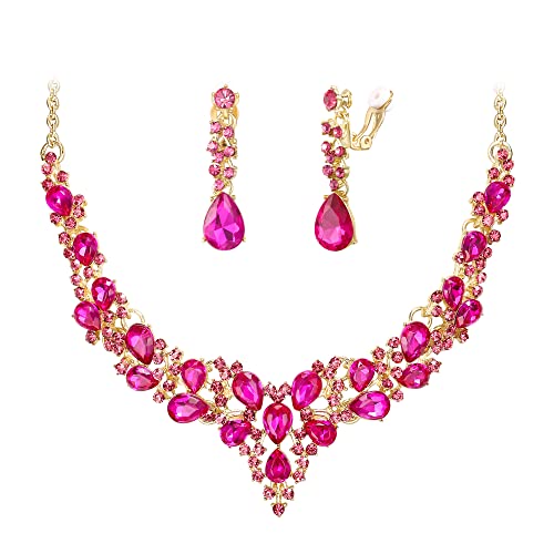 Wedding Statement Necklace Clip-on Earrings Jewelry Set | Sparkling Austrian Crystal Teardrop Cluster for Party Prom Accessories - color: 03-Fuchsia Gold-Tone