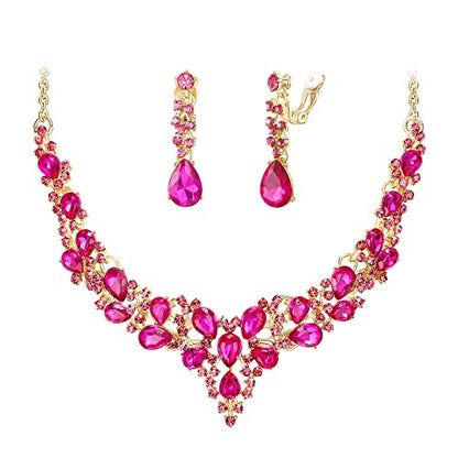 Wedding Statement Necklace Clip-on Earrings Jewelry Set | Sparkling Austrian Crystal Teardrop Cluster for Party Prom Accessories - color: 03-Fuchsia Gold-Tone