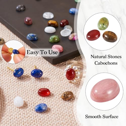 KISSITTY 28Pcs Gemstone Cabochons 14 Styles 6×8mm Round Oval Gemstones Cabochon Semi-Precious Natural Gems Crystal Stones Cabochons For Jewelry Making Bracelet Necklace Earring Pendant