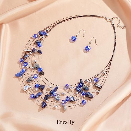 Multi-Layer Boho Shell Beaded Necklace for Women Colorful Crystal Strand with Silver Beads Statement Collars Necklace and Earrings Costumes Jewelry Sets for Women - color: 48-Sapphire