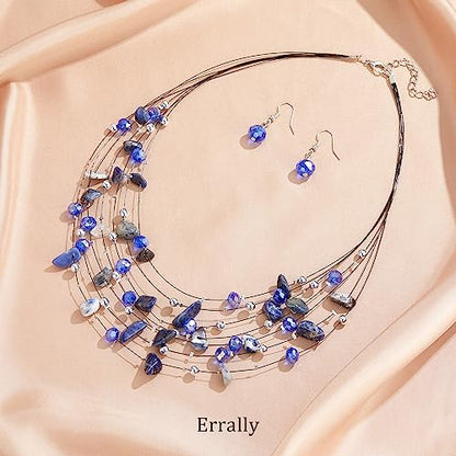 Multi-Layer Boho Shell Beaded Necklace for Women Colorful Crystal Strand with Silver Beads Statement Collars Necklace and Earrings Costumes Jewelry Sets for Women - color: 48-Sapphire