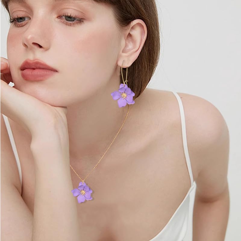 WCRAZYE Bohemian Daisy Flower Earrings Necklace Sets for Women Unique Trendy Boho Matte 3D Gold Flower Floral Petal Statement Earring Wedding Jewelry - color: Purple