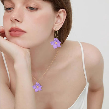 WCRAZYE Bohemian Daisy Flower Earrings Necklace Sets for Women Unique Trendy Boho Matte 3D Gold Flower Floral Petal Statement Earring Wedding Jewelry - color: Purple