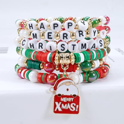 Ardorchid Halloween Bracelets for Women Pumpkin Ghost Steleton Bat Skull Beaded Stackable Stretchy Bracelet Rugby Thanksgiving Christmas Heishi Bracelets - color: Christmas Bracelets-5