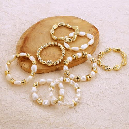BROCC 8PCS Gold Beaded Bracelets for Women Simulated Pearl Beaded Bracelets | Simulated Pearl Beaded,Lightweight Feel,Durable Elastic Cord Design,Comfortable Fit for Most Wrists,Stylish and Versatile