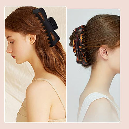 Extra Large Claw Clips for Thick Hair, 6.4 Inch Strong Hold Matte Jumbo Accessories for Women Long Curly Hair Cute Nonslip Big Jaw Clip French Giant Hair Clip 4 Pack (Black, Brown leopard)