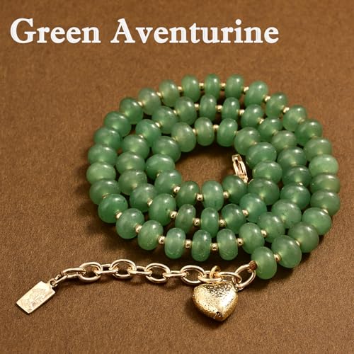 Boho Gemstone Beaded Necklace for Women – Colorful Natural Stone Choker 18K Solid Heart-Shaped Pendant, Summer Beach Jewelry - color: Green Aventurine