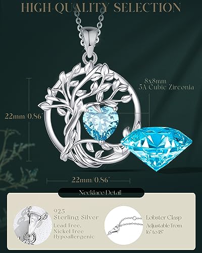 FANCIME Tree of life Birthstone necklace Sterling Silver Pendant Birthstone Necklace Gemstone Anniversary Birthday Jewelry Mothers Day Gifts for Mom Her Wife - color: Mar.-Aquamarine