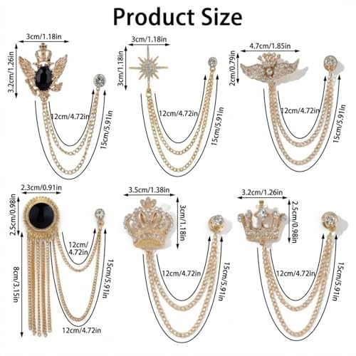 6 Pcs Tassel Chain Brooch Collar Pins Rhinestones Crown Eagle Star Wings Mens Suit Accessories for Shirt Tuxedo Tie Hat Scarf Decoration