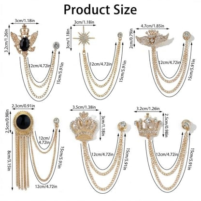 6 Pcs Tassel Chain Brooch Collar Pins Rhinestones Crown Eagle Star Wings Mens Suit Accessories for Shirt Tuxedo Tie Hat Scarf Decoration