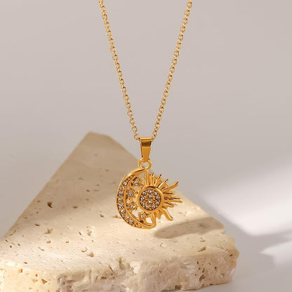 Unisex Celestial Gold Pendant Necklaces, Sun/Moon/Star/Angle Celestial Elements Unisex Choker Gold Lover Chains for Men and Women Jewelry - color: Gold Chain - Sun & Moon & Star