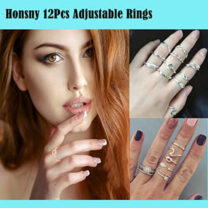 Honsny 12PCS Silver Plated Rings Adjustable Open Rings for Women Cute Gold Plated Stackable Thumb Rings Joint Chain Midi FingerArrow Knot Wave Band Rings Set - color: 12PCS Rose Gold