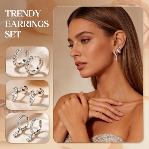 14K Gold Hoop Dangle Stud Earrings Surgical Steel Helix Piercing | Hypoallergenic,Cubic Zirconia,3 Pairs Huggie Hoop Set for Women,Dangle Stud,Cartilage Tragus Conch Earring,Jewelry Gift - color: K1-Silver Marquise Cut CZ